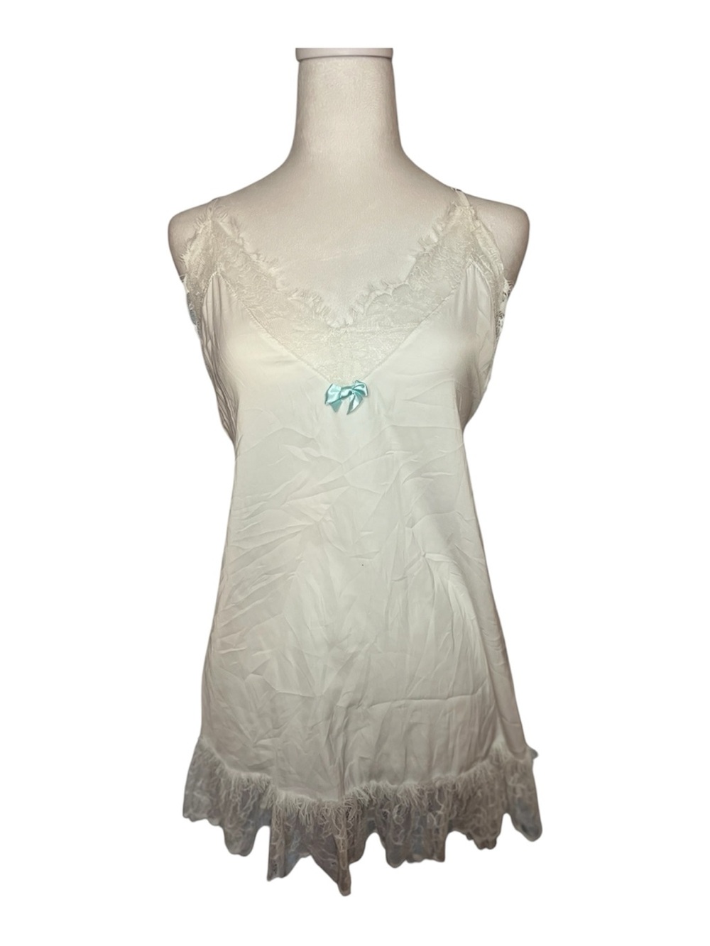 Betsey Johnson Ivory Satin Chemise with Turquoise Bow XS
